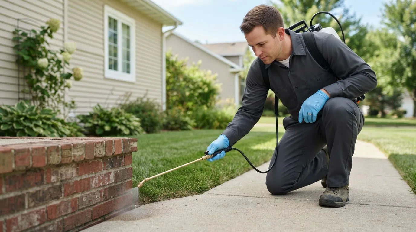 Pest control technician treating a home near Walford, IA