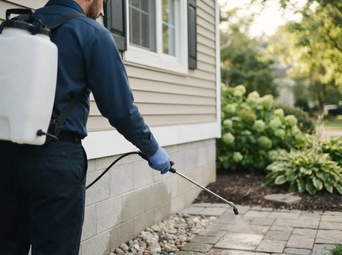 Pest control technician inspecting a home in Walford, IA